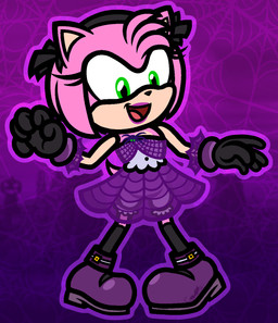 5_fingers anthro arms_bent black_clothing black_gloves black_hairband black_handwear black_knee_socks bloomers bottomwear bracelet clothing conjoined_eyes dress eyelashes female female_anthro fingers footwear fur gloves green_eyes hair handwear holidays jewelry light lipstick looking_at_self makeup medium_hair open_mouth open_smile pink_body pink_fur pink_hair pink_tail purple_background purple_bracelet purple_clothing purple_dress purple_footwear purple_line_art purple_lipstick purple_shoes red_tongue shoes simple_background smile solo spider_web_background tail tan_body tan_inner_ear tan_skin tongue translucent translucent_clothing translucent_dress white_bloomers captainquack64 halloween sega sonic_the_hedgehog_(series) amy_rose eulipotyphlan hedgehog mammal 2025 colored colored_line_art digital_drawing_(artwork) digital_media_(artwork) english_description full-length_portrait hi_res lighting portrait signature