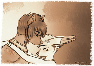 anthro dipstick_ears ear_markings eyes_closed hug love male markings multicolored_ears side_view rukifox jarit_(rukifox) louis_(rukifox) canid canine fennec_fox fox mammal true_fox sketch