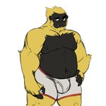 anthro biped black_body black_fur brown_eyes bulge clothing eyebrows fangs fur hand_on_hip looking_at_viewer male male_anthro musclegut muscular nipples raised_eyebrow solo teeth underwear yellow_body yellow_fur ursso_(artist) ape gorilla haplorhine mammal primate 1:1 hi_res sketch