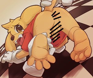 5_toes all_fours anthro balls barefoot bodily_fluids bottomless bottomless_male censored_anus censored_balls censored_genitalia censored_penis clothed clothing fangs featureless_crotch feet flaccid floating_hands forced foreskin genitals gloves handwear holding_tail looking_at_viewer looking_back looking_back_at_viewer male open_mouth penis raised_tail red_clothing red_shirt red_topwear restrained_legs shirt shirt_only soles tail tears teeth toes tongue topwear topwear_only unretracted_foreskin white_clothing white_gloves white_handwear young young_anthro young_male chiyoarashi1082 glitch_productions the_amazing_digital_circus scratch_(tadc) canid canine canis domestic_dog mammal 2026 absurd_res censored chinese_description hi_res