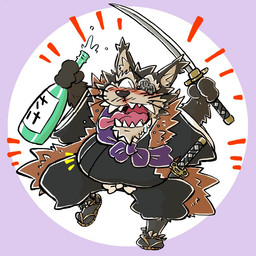 anthro belly black_nose clothing drunk footwear kemono male melee_weapon overweight overweight_male sake_bottle sandals shoes simple_background solo substance_intoxication sword text tongue tongue_out weapon okudami yaiba_(series) jubei_(yaiba) canid canine canis mammal wolf 1:1 2025 english_text
