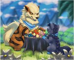 ambiguous_gender bluk_berry border charti_berry claws day detailed_background duo eating eating_food fangs feet feral finger_claws flower fluffy fluffy_tail food fruit grass grepa_berry handpaw hindpaw kerchief leppa_berry nanab_berry oran_berry outside paws pecha_berry plant pokemon_berry razz_berry sharp_teeth sitrus_berry sitting smile snout tail tamato_berry teeth toe_claws tree_stump wacan_berry white_border ezpups nintendo pokemon pokemon_mystery_dungeon spike_chunsoft arcanine generation_1_pokemon generation_5_pokemon pokemon_(species) zorua 2019 digital_media_(artwork) digital_painting_(artwork) hi_res shaded