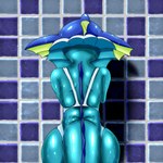 1:1 ambiguous_gender anthro blue_body clothed clothing cottontail eeveelution female generation_1_pokemon glistening glistening_body hi_res mammal nintendo pokemon pokemon_(species) portrait rear_view shaded shadow swimwear tail three-quarter_portrait tile tile_wall tiled_background vaporeon wall_(structure) wet wet_body wide_hips