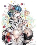 anthro bell blue_hair candy candy_cane dessert female fluffy fluffy_tail food food_fetish fur genitals grey_body grey_fur hair holidays holly_(plant) mostly_nude plant pussy ribbons solo stripes suggestive suggestive_food tail blue_formalin christmas felid mammal pantherine tiger 2022 hi_res portrait three-quarter_portrait