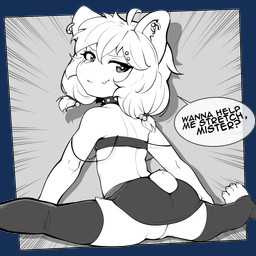 animal_ears anthro biped bottomwear butt clothed clothing collar dialogue eyelashes female flexible hair legwear loli looking_back miniskirt no_underwear pupils skirt smile solo speech_bubble splits spread_legs spreading tail text thick_thighs thigh_highs young sicmop bear mammal 1:1 alpha_channel hi_res monochrome