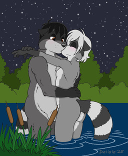 4_fingers anthro anthro_on_anthro bedroom_eyes black_hair black_nose blush breasts butt convenient_censorship duo eye_contact female fingers fur grey_body grey_fur hair hand_on_back hug humanoid_hands intimate intraspecies kiss_on_lips kissing looking_at_another love male male/female narrowed_eyes nature night nipples nude nude_anthro nude_female nude_male outdoor_nudity outside partially_submerged pink_nose romantic romantic_ambiance romantic_couple romantic_night seductive skinny_dipping sky standing standing_in_water star starry_sky tail tan_body tan_fur water white_hair delisle rachel_(delisle) toby_(delisle) mammal procyonid raccoon 2025 hi_res signature