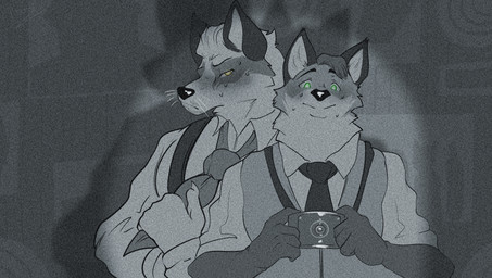 anthro beard blush bodily_fluids camera clothed clothing duo facial_hair hair holding_object looking_at_viewer male male/male nervious photo smile sweat tense whiskers pinumontbalou echo_(series) echo_project the_smoke_room jim_sterling_(the_smoke_room) murdoch_byrnes canid canine canis fox mammal greyscale hi_res monochrome
