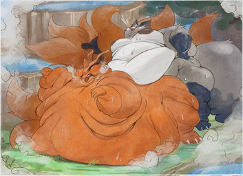 anthro belly big_belly big_moobs big_nipples hot_spring immobile male moobs morbidly_obese nipples obese overweight penetration sex water omeome naruto nintendo pokemon kurama canid canine fox generation_8_pokemon mammal nickit pokemon_(species) hi_res