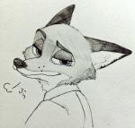 anthro bust_portrait canid canine comic disney fox graphite_(artwork) greyscale hi_res japanese male mammal monochrome nick_wilde pencil_(artwork) portrait red_fox simple_background solo text traditional_media_(artwork) true_fox white_background z_tsuruo zootopia