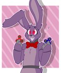 2018 4_fingers animatronic anthro bonnie_(fnaf) bow_tie cynicalsonata eyebrows fidget_spinner fingers five_nights_at_freddy's fur glowing glowing_eyes grey_body head_tuft hi_res lagomorph leporid long_ears machine male mammal meme musical_note purple_body purple_fur purple_inner_ear rabbit red_eyes robot scottgames sharp_teeth small_tail smile solo standing tail teeth tuft