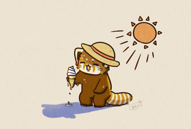 biped bodily_fluids chibi clothing dessert eyes_closed feral food hat headgear headwear ice_cream kemono simple_background solo straw_hat sun sweat shi_nominmin ailurid mammal red_panda 2024 hi_res