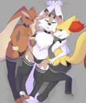 anthro bulge butt clothing collar femboy fur group legwear looking_at_viewer male male/male panties pose smile thigh_highs tongue underwear kitsunekotaro roxburyfox nintendo pokemon jetn_2.0 braixen canid canine fox generation_4_pokemon generation_6_pokemon generation_7_pokemon lopunny lycanroc mammal midday_lycanroc pokemon_(species) absurd_res hi_res pinup