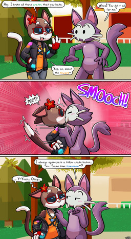 anthro anthro_on_anthro black_clothing black_eyes black_jacket black_topwear blue_eyes blush bodily_fluids bottomwear brown_body brown_fur clothed clothing dipstick_tail dot_eyes drooling duo eyewear featureless_crotch flower_on_head fur gesture glasses grey_body grey_bottomwear grey_clothing grey_fur grey_pants hand_in_pocket jacket jewelry male male/male markings necklace open_clothing open_jacket open_topwear orange_clothing orange_shirt orange_tank_top orange_topwear outside pants pink_inner_ear pockets purple_body purple_fur red_eyewear red_glasses saliva saliva_string shirt simple_eyes surprised tail tail_markings tank_top topwear waving white_body white_fur felino pixile_studios super_animal_royale farrel_(super_animal_royale) super_snowshoe_peter domestic_cat felid feline felis mammal skullcat_(sar) snowshoe_cat 2026 absurd_res hi_res