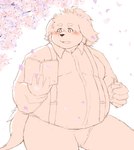 anthro blush book bottomwear cherry_blossom clothing flower humanoid_hands kemono male overweight overweight_male pants plant prunus_(flower) reading shirt solo suspenders topwear tree ibuki_haruno canid canine canis domestic_dog mammal 2022 hi_res