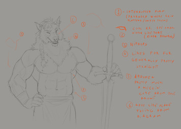 abs anthro braided_hair clothed clothing ear_piercing ear_ring empty_eyes fangs front_view hair hand_on_hip holding_melee_weapon holding_object holding_sword holding_weapon male melee_weapon muscular muscular_anthro muscular_male nipples open_mouth pecs piercing ring_piercing simple_background solo standing sword teeth text topless weapon aduran canid canine mammal absurd_res english_text hi_res portrait sketch three-quarter_portrait