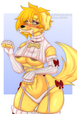anthro blush bow_ribbon clothed clothing collar costume female fur nipple_outline simple_background tail text sharly canid canine mammal absurd_res hi_res url