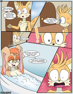 age_difference anthro bath bathing bathtub dialogue duo female male male/female mature_female older_female text younger_male luckster1234 sega sonic_the_hedgehog_(series) miles_prower vanilla_the_rabbit canid canine fox lagomorph leporid mammal rabbit comic english_text hi_res