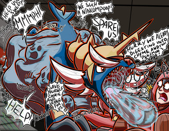 belly bodily_fluids burping fatal_vore human_prey justice multiple_prey open_mouth regurgitation rumbling_stomach saliva slosh stuffing swallowing vore jammie_monsta_doggo nintendo pokemon generation_5_pokemon human mammal pokemon_(species) samurott hi_res