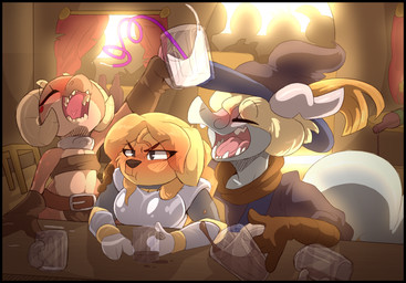 anthro armor bar black_border blush boob_armor border clothed clothing drinking_straw drunk female group horn liquid male silly_straw substance_intoxication tail tongue backsash mythology amelia_steelheart piko_(simplifypm) pseftis_savra canid canine canis domestic_dog dragon kobold mammal mythological_creature mythological_scalie scalie 2019 absurd_res digital_media_(artwork) hi_res shaded