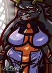 2_horns absolute_territory anthro antlers apron big_breasts big_ears black_clothing black_shirt black_topwear bracelet breasts cheek_tuft clothing countershading cross curvy_figure elegant eyewear facial_tuft female floppy_ears fur glasses gold_(metal) gold_bracelet gold_jewelry grey_body grey_fur grey_hair hair hands_on_table horn jewelry legwear light light_beam long_ears lop_ears mature_anthro mature_female monotone_body monotone_fur necktie overweight overweight_anthro overweight_female shirt short_hair slightly_chubby slightly_chubby_anthro slightly_chubby_female smile smiley_face smiling_at_viewer solo stockings thick_thighs topwear tuft voluptuous voluptuous_female wearing_glasses wide_hips window yellow_antlers yellow_necktie cabimangaka pseudoregalia fan_character sybil_mom_(jojodelte) bovid caprine goat jackalope lagomorph mammal absurd_res hi_res