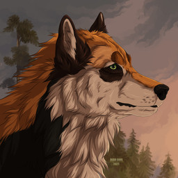 ambiguous_gender black_body black_fur black_nose feral fur green_eyes mouth_closed orange_body orange_fur outside plant side_view sky solo text tree white_body white_fur msdeadsoul canid canine mammal 1:1 2021 artist_name dated english_text hi_res