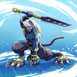 abs anthro armor bare_chest biceps black_body black_fur claws fur greatsword hair male melee_weapon muscular muscular_anthro muscular_male pauldron pecs red_eyes solo sword tattoo weapon white_hair iseijin bandai_namco digimon digimon_beatbreak digimon_(species) murasamemon 1:1 hi_res