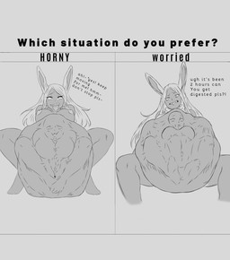 abdominal_bulge belly big_belly body_outline breasts female female_pred hair huge_belly nipples same_size_vore text tongue tongue_out vore white_hair pepas my_hero_academia rumi_usagiyama animal_humanoid humanoid lagomorph lagomorph_humanoid leporid_humanoid mammal mammal_humanoid rabbit_humanoid english_text hi_res monochrome