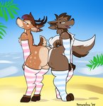 ambiguous_gender antlers arm_warmers armwear beach bedroom_eyes big_butt black_nose brown_body brown_fur brown_hair butt butt_squish cheek_tuft chest_tuft clothing duo ear_piercing ear_ring facial_tuft femboy fur glistening glistening_butt hair heart_(marking) hooves horn legwear long_tail markings multicolored_body multicolored_fur narrowed_eyes orange_body orange_fur partially_clothed_anthro pattern_clothing pattern_legwear pattern_thigh_highs paws pear-shaped_figure piercing pink_eyes plant purple_eyes ring_piercing sand sea seductive sharp_teeth short_hair short_tail slightly_chubby smile smirk spots spotted_body spotted_fur squish striped_clothing striped_legwear striped_thigh_highs stripes tail tan_body tan_fur teeth thick_thighs thigh_highs tuft water white_body white_fur wide_hips zenonclaw canid canine canis deer mammal wolf hi_res