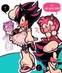 anthro black_body bow_ribbon clothed clothing crossdressing dialogue dress duo female green_eyes hat headgear headwear male male/female pink_body red_eyes speech_bubble tail tail_motion tailwag mercurio-shadowz sega sonic_the_hedgehog_(series) amy_rose shadow_the_hedgehog eulipotyphlan hedgehog mammal comic hi_res