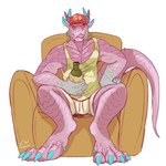 anthro armchair blue_claws blue_horn bottle bottomwear brown_armchair bulge chair claws clothing container front_view furniture green_clothing green_topwear hat headgear headwear holding_bottle holding_container holding_object horn looking_at_viewer male on_armchair orange_eyes pink_body pink_scales pink_tail pupils red_clothing red_hat red_headwear red_sclera scales simple_background sitting slit_pupils solo tail topwear white_background white_bottomwear white_clothing imperatorcaesar mythology tucker_(imperatorcaesar) dragon mythological_creature mythological_scalie scalie 1:1 signature