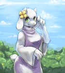 accessory anthro breasts clothing cloud fangs female flower flower_in_hair fur glistening glistening_eyes green_eyes hair hair_accessory looking_up nature plant raised_tail shrub sky smile solo tail teeth white_body white_fur kurogin_(artist) undertale undertale_(series) toriel bovid caprine goat mammal