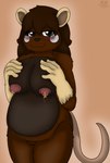 anthro black_eyes black_nose blush bodily_fluids breasts brown_body brown_fur brown_hair female fur hair happy lactating looking_at_viewer mature_female nipples simple_background slightly_chubby smile solo unusual_bodily_fluids darknetic sweetchu chocolate_mouse mammal mouse murid murine rodent absurd_res hi_res