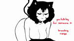 bent_over big_breasts black_hair breasts cleavage clothed clothing dialogue female hair panties panties_down partially_clothed solo underwear underwear_down undressing emmpyfour animal_humanoid cat_humanoid felid felid_humanoid feline feline_humanoid humanoid mammal mammal_humanoid 16:9 animated monochrome no_sound short_playtime webm widescreen