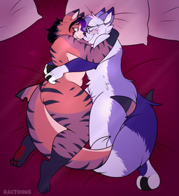 2_toes 4_fingers 4_toes anthro bed bent_arm black_eyebrows black_eyewear black_glasses black_hair black_nose black_stripes blue_tail blush breasts butt cheek_tuft convenient_censorship cuddling duo eyebrows eyelashes eyes_closed eyewear facial_tuft fangs feet female female_anthro fin fingers fluffy fluffy_tail fur furniture glasses hair head_on_pillow high-angle_view highlights_(coloring) long_tail looking_at_another looking_at_partner love lying lying_on_bed male male/female male_anthro markings multicolored_body multicolored_fur multicolored_tail notched_fin nude nude_anthro nude_female nude_male on_bed on_side orange_eyes pawpads pillow pink_pillow purple_body purple_fur purple_hair purple_highlights purple_tail red_blanket red_pawpads short_hair smile smiling_at_another smiling_at_each_other striped_legs striped_markings striped_tail stripes tail tail_markings tail_wrapping tan_body tan_fur tan_inner_ear tan_tail teeth text thick_thighs toes tuft whisker_spots white_fingers white_inner_ear ractoons canid canine felid feline fish hybrid mammal marine shark 2025 absurd_res artist_name colored digital_drawing_(artwork) digital_media_(artwork) english_description hi_res shaded