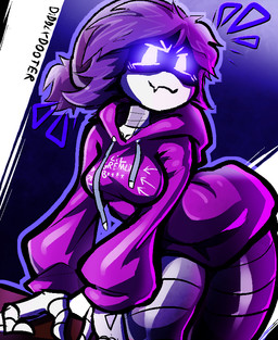 :3 alternative_fashion beanie big_breasts big_butt black_sclera blush blush_lines bottomless breasts butt clothed clothing cute_fangs earless emo emphasis_lines fangs female furrowed_eyebrows glowing glowing_eyes grey_body hair hat headgear headwear hoodie looking_at_viewer machine metallic_body noseless oversized_clothing oversized_hoodie oversized_topwear purple_beanie purple_clothing purple_eyes purple_hair purple_hat purple_headwear purple_hoodie purple_topwear screen screen_face segmented_body short_hair simple_background smug smug_face smug_grin solo teeth text text_on_clothing thick_thighs topwear tsundere unusual_anatomy white_body wide_hips diddlydooter1 glitch_productions murder_drones uzi_(murder_drones) humanoid robot robot_humanoid worker_drone artist_name digital_drawing_(artwork) digital_media_(artwork) signature