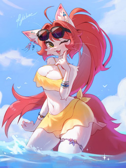 anthro bracelet breasts clothing ear_piercing ear_ring eyewear female jewelry one_eye_closed open_mouth piercing ring_piercing solo sunglasses swimwear wink rylebee domestic_cat felid feline felis mammal 3:4 hi_res