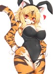 5_fingers accessory anthro big_breasts blonde_hair blush breasts brown_body brown_fur cleavage clothed clothing costume cute_fangs eyebrows facial_markings fake_ears fake_rabbit_ears fangs female female_anthro fingers fur hair hair_accessory hair_tie hands_on_hips head_markings heart_symbol inner_ear_fluff kemono leotard lingerie long_hair markings multicolored_body multicolored_ears multicolored_fur multicolored_tail navel orange_body orange_fur pink_nose playboy_bunny pupils red_eyes shirt_cuffs simple_background slit_pupils solo tail teddy_(clothing) teeth tight_clothing tuft white_background white_body white_fur wide_hips horokusa0519 tora-chan_(horokusa) felid mammal pantherine tiger 2021 digital_media_(artwork) hi_res portrait three-quarter_portrait