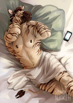 anthro areola bird's-eye_view blanket_only cellphone electronics eyes_closed front_view fur grey_body grey_fur high-angle_view male markings muscular muscular_anthro muscular_male navel neutral_expression nipples nude_anthro nude_male pecs phone pillow pose smartphone stocky striped_markings stripes tail text under_covers ventral_groove white_body white_fur senor_nutria macgregor9797 equid equine mammal zebra artist_name colored pinup shaded watermark