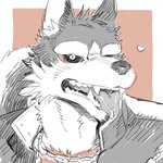 anthro black_sclera bodily_fluids border chain clothed clothing dripping fur grey_body grey_fur heart_symbol jacket looking_at_viewer male open_mouth saliva saliva_drip saliva_on_tongue solo teeth tongue tongue_out topwear white_border kijima222 lifewonders tokyo_afterschool_summoners garmr_(tas) canid canine canis domestic_dog mammal 1:1 bust_portrait portrait