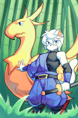 anthro belt blue_eyes holding_object holding_weapon male solo weapon white_body zipskyblue final_fantasy square_enix akira_(zipskyblue) avian chocobo felid feline mammal absurd_res hi_res