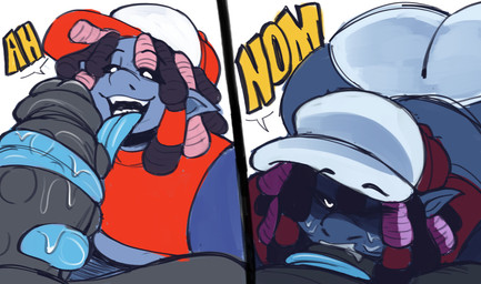 big_butt black_sclera blue_body blue_tongue bodily_fluids bottomwear butt butt_from_the_front clothed clothed_humanoid clothed_male clothing crop_top dreadlocks duo erection fellatio foreskin genitals hair hat headgear headwear huge_butt long_tongue looking_at_another looking_at_another's_penis looking_at_genitalia looking_at_penis looking_up male male/male male_humanoid midriff moobs multicolored_body multicolored_hair offscreen_character offscreen_male open_mouth oral penile penis pointy_ears saliva sex shirt shorts simple_background slightly_chubby slightly_chubby_humanoid slightly_chubby_male smile thick_thighs tongue tongue_around_penis topwear white_background white_eyes wide_hips doeswhatever misu_(nathanatwar) goblin humanoid absurd_res comic digital_drawing_(artwork) digital_media_(artwork) hi_res