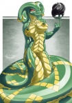 anthro apode breasts coiling ear_piercing female genitals glistening glowing glowing_eyes latex legless navel nipple_piercing nipples non-mammal_breasts non-mammal_nipples nude piercing pussy red_eyes serpentine solo notorious84 sslytha draconcopode naga reptile scalie snake hi_res