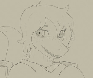 anthro big_tail blush breasts cleavage clothed clothing disability eyelashes female freckled_breasts freckles long_tail looking_at_viewer open_mouth open_smile paraplegic smile snout solo tail vehicle wheelchair unknown_artist cavemanon_studios i_wani_hug_that_gator olivia_halford baryonyx dinosaur prehistoric_species reptile scalie spinosaurid theropod 2024 graphite_(artwork) hi_res monochrome sketch traditional_media_(artwork)
