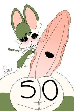 anthro balls big_balls big_penis eyeshadow femboy genital_focus genitals glans green_body green_eyes green_hair hair huge_balls huge_penis humanoid_genitalia humanoid_penis kiss_mark makeup male penis penis_focus solo jaeskyyward lagomorph leporid mammal rabbit absurd_res hi_res milestone_celebration