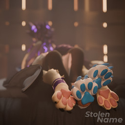 anthro bed bioluminescence biped black_claws blue_claws blue_pawpads brown_body claws depth_of_field duo feet foot_focus fur furniture glowing hair hindpaw laying_on_another lying lying_on_bed male male/male markings nude nude_anthro nude_male on_back on_bed on_front pawpads paws pink_pawpads purple_body purple_fur purple_markings tan_body tan_paws toes tuft white_paws stolenname atlas_(duskyvrc) lumin_(stolenname) canid canine fennix mammal 1:1 3d_(artwork) absurd_res blender_(artwork) blender_cycles_(artwork) digital_media_(artwork) hi_res watermark