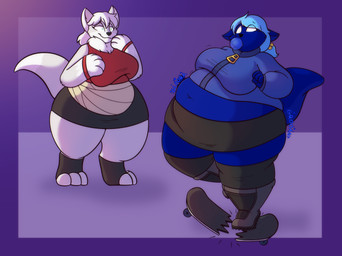 3_toes absolute_territory anthro belly big_belly black_bottomwear black_clothing black_skirt blorp blue_body blue_clothing blue_ears blue_fur blue_hair blue_jacket blue_tail blue_topwear blueberry_inflation bodily_noises boots border bottomwear broken_skateboard chewing_gum clothing dipstick_tail duo extended_sound_effect eye_through_hair eyebrow_through_hair eyebrows feet female female_anthro fluffy footwear fur groan hair huge_thighs inflation jacket knee_boots knee_highs legwear looking_at_another mane markings obese obese_anthro obese_female overweight overweight_anthro overweight_female pencil_skirt purple_background purple_border red_clothing red_shirt red_tank_top red_topwear red_wristband shirt shoes simple_background skirt sound_effect_variant sound_effects tail tail_markings tank_top thick_tail thick_thighs tied_hair toeless_footwear toes topwear translucent translucent_hair white_body white_ears white_fur white_hair white_mane white_tail wide_eyed strawberrymilkdog arcadia_(doughieglowie) keahi_(doughieglowie) canid mammal 2022 colored hi_res shaded