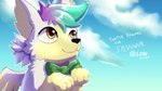 16:9 2020 ambiguous_gender black_nose bow_tie brown_eyes canid canine cloud dated digital_media_(artwork) english_text green_bow_tie green_hair hair lunesnowtail mammal multicolored_hair outside purple_hair shaded sky solo text two_tone_hair widescreen