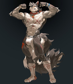 abs anthro athletic bandage bandage_on_face bandage_on_nose biceps black_background black_body bulge clenched_teeth clothing collar flexing flexing_bicep flexing_both_biceps footwear front_view fur grey_body grey_fur grin jockstrap kemono long_socks male multicolored_body multicolored_fur muscular muscular_anthro muscular_male nipples pecs quads red_eyes scar simple_background smile socks solo standing teeth topwear two_tone_body two_tone_fur underwear white_body white_clothing white_footwear white_fur white_socks wristband xiongdazz mgg_(character) canid canine canis mammal wolf hi_res