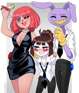accessory alcohol anthro beverage big_breasts black_clothing black_dress black_necktie blue_clothing blue_gloves blue_handwear blush blush_stickers bottomwear breasts brown_hair button_(fastener) button_eyes cleavage clothed clothing cocktail cocktail_dress cocktail_glass collared_shirt container cup curly_hair doll dress dress_shirt drinking_glass drunk eyes_closed female food fruit full_cleavage gem geometric_background glass glass_container glass_cup glistening glistening_body glistening_clothing glistening_dress glistening_hair glistening_necktie gloves grey_bottomwear grey_clothing grey_pants grin group hair hair_accessory hair_bun hairclip hand_on_another's_hip hand_on_butt hand_on_hip hand_on_shoulder handwear holding_cocktail jewelry legs_together lime lime_slice loose_tie male mismatched_gloves multicolored_eyes narrowed_eyes necklace necktie open_mouth open_smile pants pearl_(gem) pearl_necklace plant purple_body rag_doll_(toy) red_clothing red_gloves red_hair red_handwear red_liquid shirt simple_background smile substance_intoxication teeth topwear triangle_nose trio unbuttoned_shirt yellow_clothing yellow_gloves yellow_handwear yellow_teeth nico_neko glitch_productions the_amazing_digital_circus jax_(tadc) pomni_(tadc) ragatha_(tadc) animate_inanimate human humanoid lagomorph leporid living_doll mammal rabbit 2026 absurd_res hi_res redraw