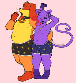 anthro belly black_sclera bulge butt butt_from_the_front clothed clothing collar digit_ring duo eyes_closed fangs hand_on_hip jewelry long_tail male male/male married_couple navel necklace one_eye_closed open_mouth orange_body overweight overweight_male pattern_clothing pattern_underwear purple_body ring romantic romantic_couple simple_background size_difference stretching tail teeth thick_thighs tired underwear underwear_only wedding_ring yawn an0malyz3r0 mob_entertainment poppy_playtime smiling_critters catnap_(poppy_playtime) dogday_(poppy_playtime) canid canine canis domestic_cat domestic_dog felid feline felis mammal absurd_res hi_res